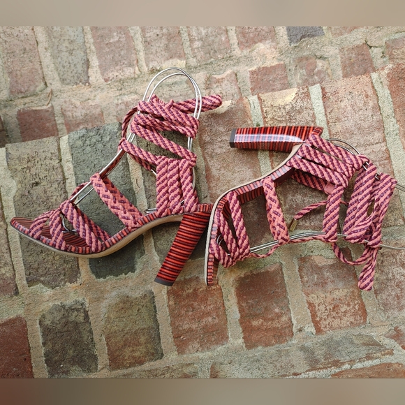 Jimmy Choo Trix 100mm Woven Multi-Wrap Sandal, Dark Shiraz/Coral 37 - Picture 7 of 16